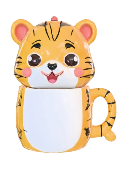 Low detail, ceramic mug, designed like a playful kawaii tiger cub 3D model, AI generated