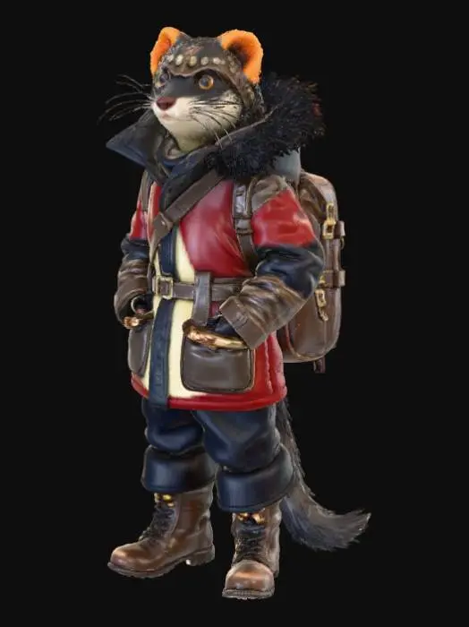 3D model for High detail, fantasy, ferret, wearing high detailed, adventure gear