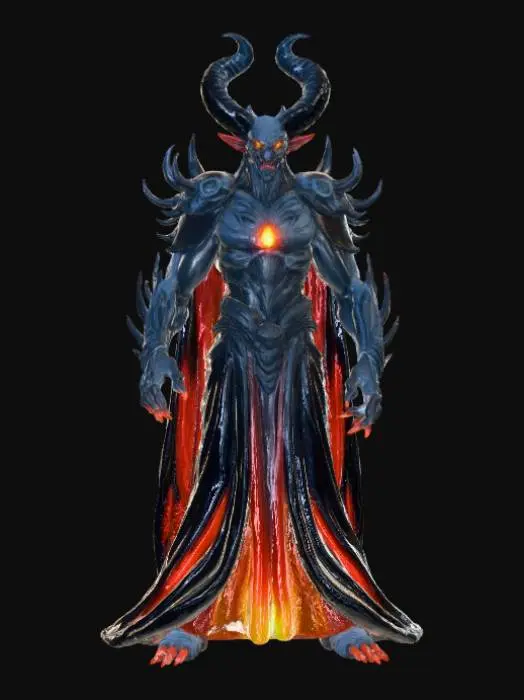 3D model for High Detailed, Fantasy, Thousand Eyed Demon King, standing on a hellfire landscape base.