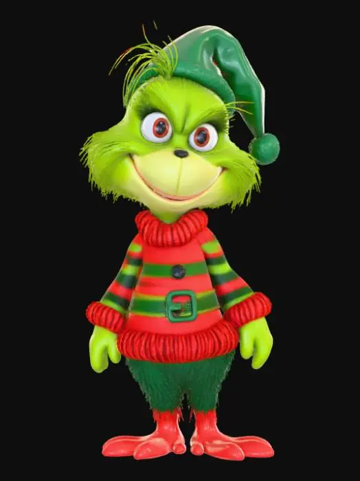 3D model for Low detail, chibi, grinch, wearing christmas outfit.