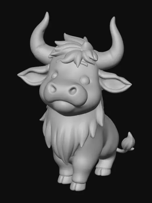 3D model for A high-quality 3D render in a chunky world of warcraft/blizzard art style. Use the exact same pose, proportions, body alignment, and camera angle as the reference: a clean left-side orthographic profile with zero perspective distortion. The creature lies completely flat on its belly with its head resting fully on the ground, neck extended forward, body forming a perfectly straight horizontal line from nose to tail, and all four legs splayed outward in a relaxed, natural position. The front legs angle slightly forward and outward, and the back legs angle slightly backward and outward. Maintain perfect left-right symmetry, smooth rounded shapes, simple soft lighting, and a neutral background. Now recreate this same fixed pose and style, but as a kawaii highland cow, keeping the vinyl texture