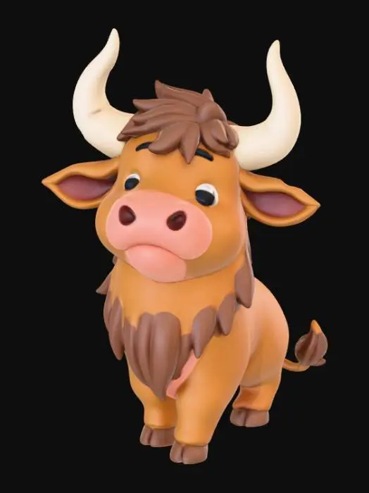 3D model for A high-quality 3D render in a chunky world of warcraft/blizzard art style. Use the exact same pose, proportions, body alignment, and camera angle as the reference: a clean left-side orthographic profile with zero perspective distortion. The creature lies completely flat on its belly with its head resting fully on the ground, neck extended forward, body forming a perfectly straight horizontal line from nose to tail, and all four legs splayed outward in a relaxed, natural position. The front legs angle slightly forward and outward, and the back legs angle slightly backward and outward. Maintain perfect left-right symmetry, smooth rounded shapes, simple soft lighting, and a neutral background. Now recreate this same fixed pose and style, but as a kawaii highland cow, keeping the vinyl texture