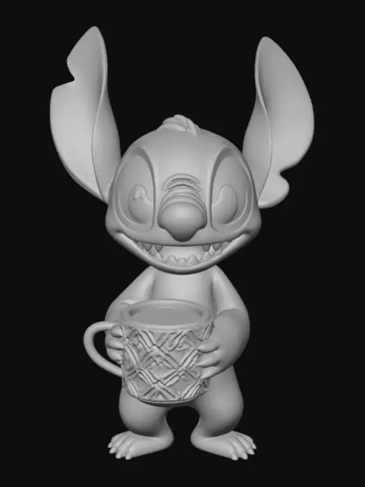3D model for High detail, Stitch Happily Drinking A Ceramic Mug of Coffee.