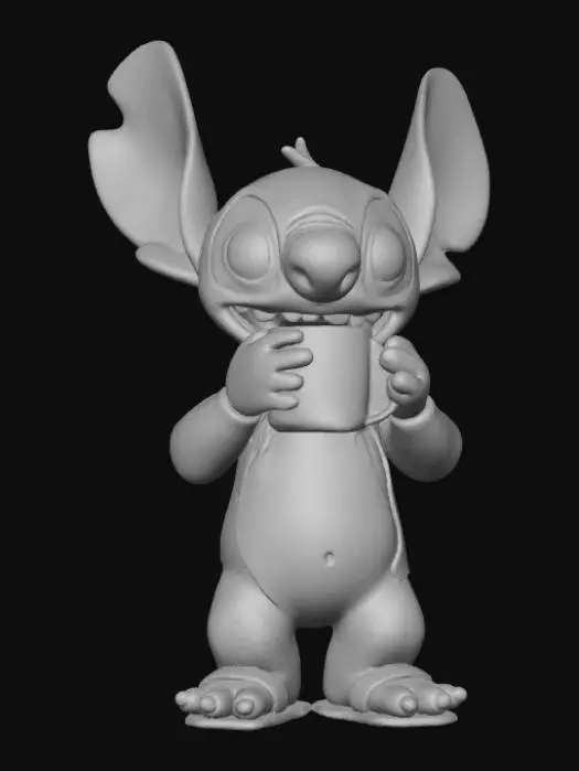 3D model for High detail, Stitch Happily Drinking A Ceramic Mug of Coffee.