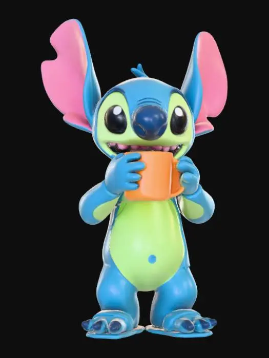 3D model for High detail, Stitch Happily Drinking A Ceramic Mug of Coffee.