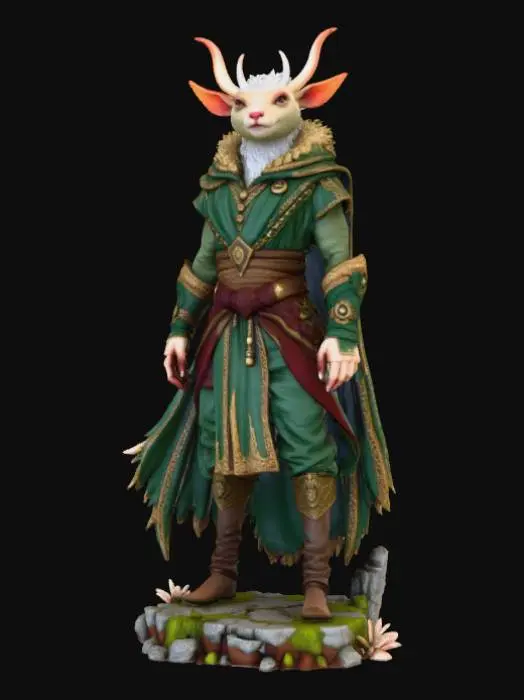 3D model for High detail, Fantasy, Fey Creature, wearing high detail adventurer clothes, standing on high detailed base, in action pose.