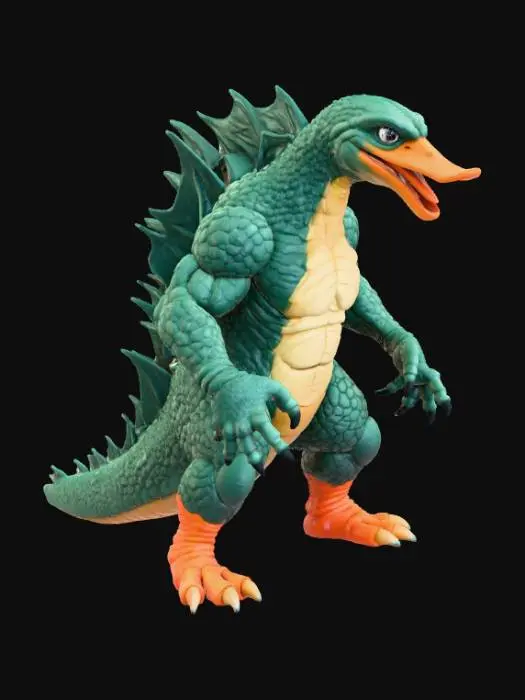 3D model for High detail, Duckzilla, standing on a broken rubble road base.