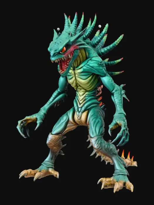 3D model for High detail, transmorphic monster, in action pose, set on a high detailed dungen style base