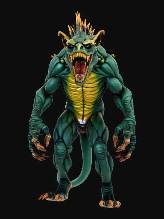 3D model for High detail, Saw toothed monster, posed on a rocky terrain.