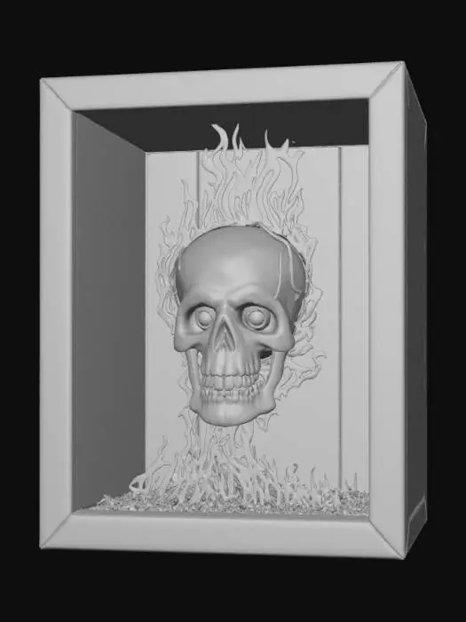 3D model for High detail, skull, beinging suspended in the center by flames, inside a wooden hollow box, with no front or back walls.
