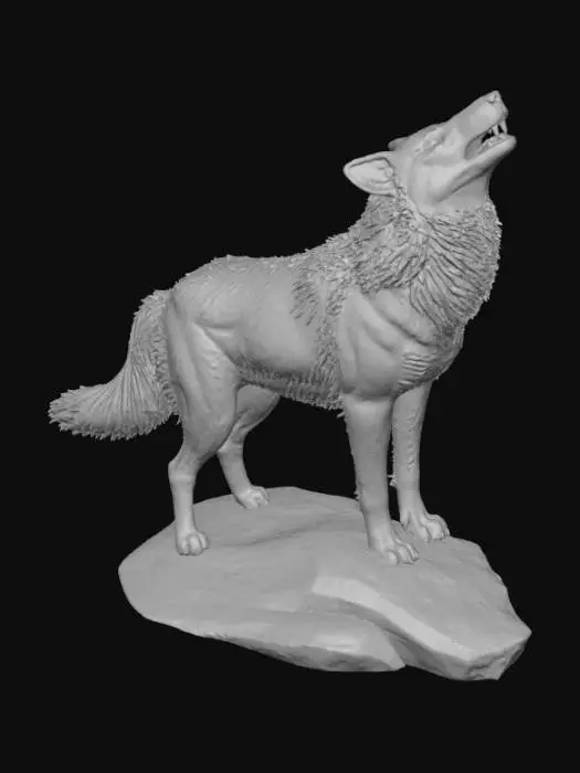 3D model for High detail, Howling Wolf, with a high detail, engraved forest mural, carved into the side of the wolf.