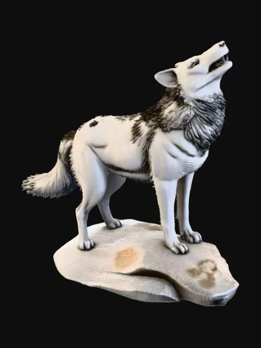 3D model for High detail, Howling Wolf, with a high detail, engraved forest mural, carved into the side of the wolf.
