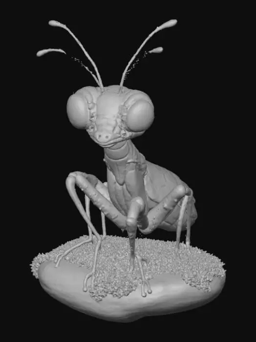 3D model for Smooth detail, kawaii, mimic floral mantis, posed on a nature style base.