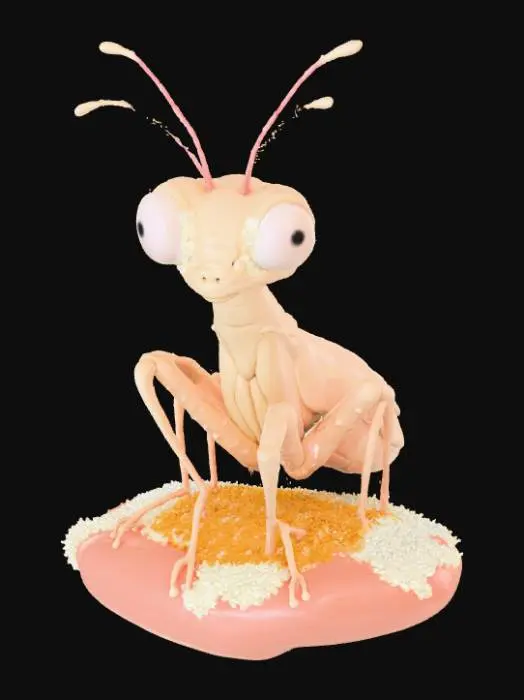 3D model for Smooth detail, kawaii, mimic floral mantis, posed on a nature style base.