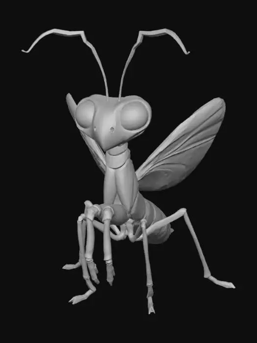 3D model for Smooth detail, kawaii, mimic mantis, posed on a nature style base.