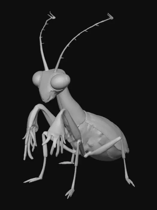 3D model for Smooth detail, kawaii, mimic mantis, posed on a nature style base.