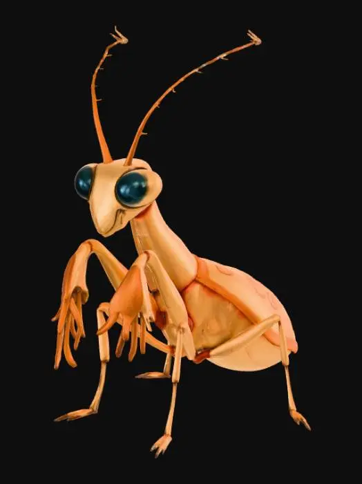 3D model for Smooth detail, kawaii, mimic mantis, posed on a nature style base.