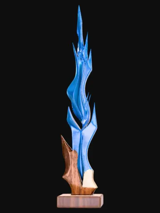 3D model for High detail, abstract spire, designed like a lightning strike, displayed on a dark wood base.