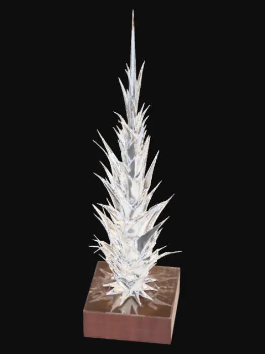 3D model for High detail, abstract spire, designed like a lightning strike, displayed on a dark wood base.