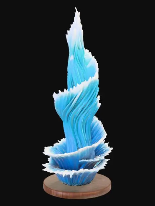 3D model for High detail, abstract spire, designed like a ocean scenery, displayed on a dark wood base.