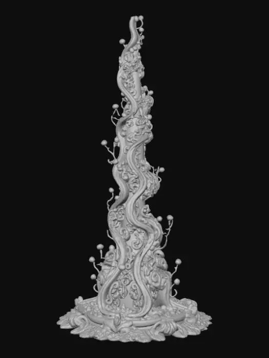 3D model for High detail, ornate, embelished, abstract spire, designed like a magical flow, spewing out of the base.