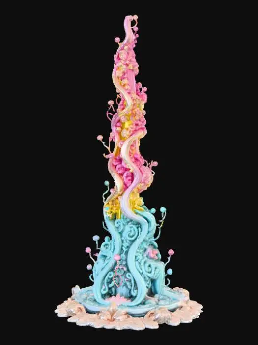 3D model for High detail, ornate, embelished, abstract spire, designed like a magical flow, spewing out of the base.