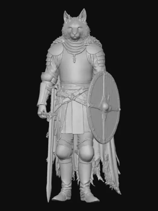 3D model for Bethesda style design, knight warrior wolf pup fey, posed on detailed landscape base