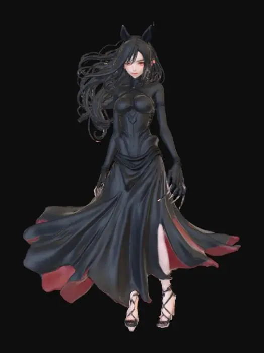 3D model for High detail, abstract, posed in action, anime style, female transforming into a shadow demon queen.