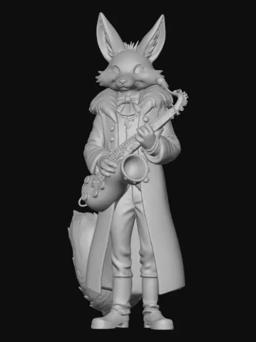 3D model for High deatil, "Weird Al" Yankovic, as an anime fey fox, posed on a theme oriented detailed stand.