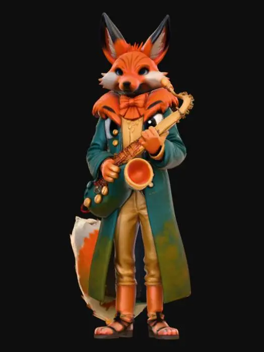 3D model for High deatil, "Weird Al" Yankovic, as an anime fey fox, posed on a theme oriented detailed stand.
