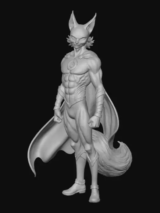 3D model for High deatil, The Flash, as an anime fey fox, posed on a theme oriented detailed stand.
