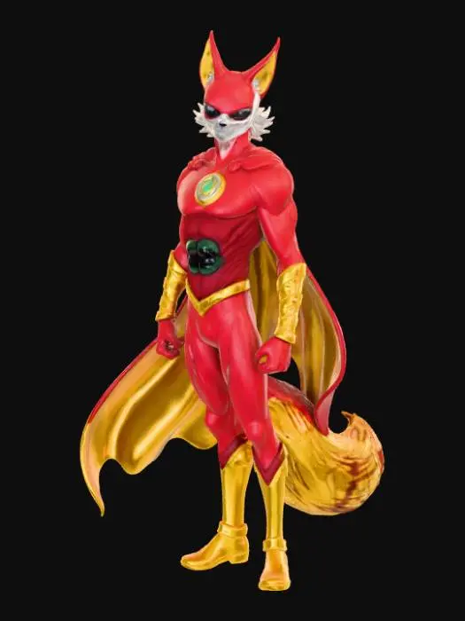 3D model for High deatil, The Flash, as an anime fey fox, posed on a theme oriented detailed stand.