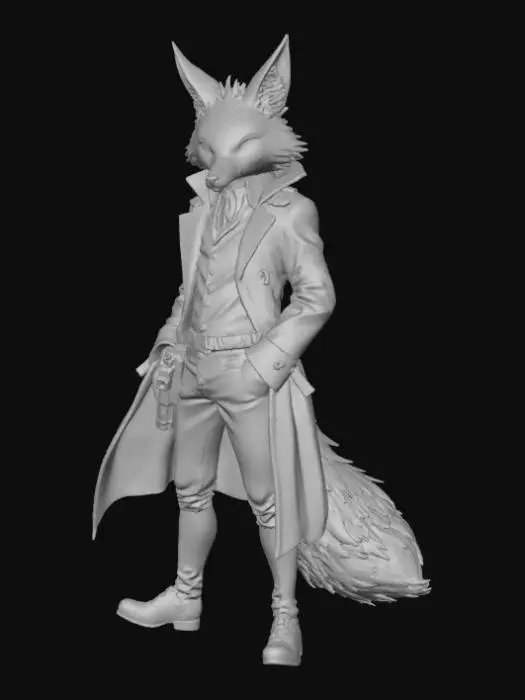 3D model for High deatil, John Wick, as an anime fey fox, posed on a theme oriented detailed stand.