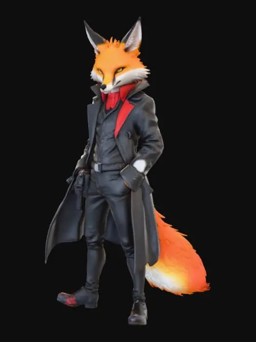 3D model for High deatil, John Wick, as an anime fey fox, posed on a theme oriented detailed stand.