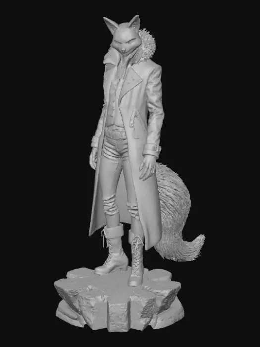 3D model for High deatil, John Wick, as an anime fey fox, posed on a theme oriented detailed stand.