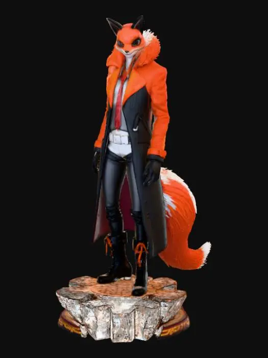 3D model for High deatil, John Wick, as an anime fey fox, posed on a theme oriented detailed stand.