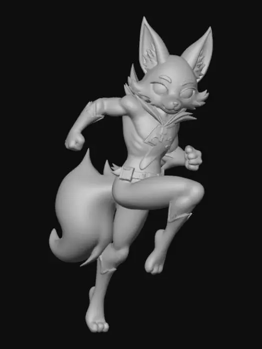 3D model for High deatil, The Flash, as an anime fey fox, posed on a theme oriented detailed stand.