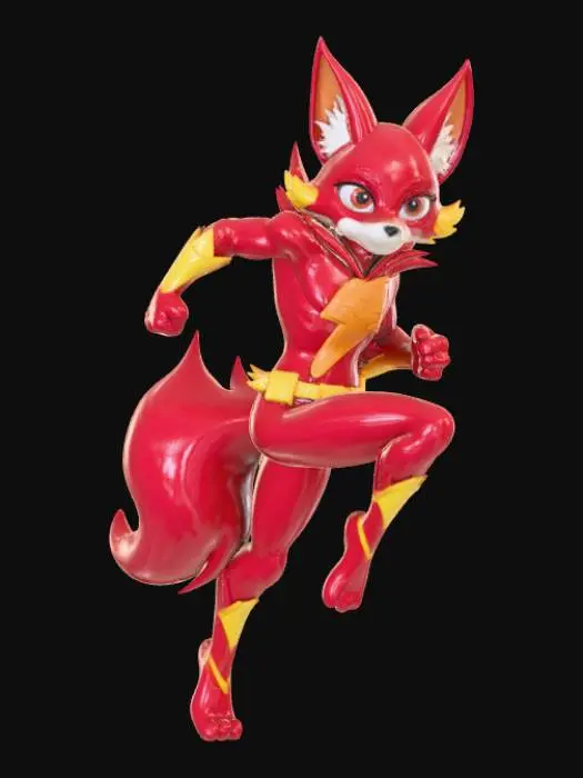 3D model for High deatil, The Flash, as an anime fey fox, posed on a theme oriented detailed stand.