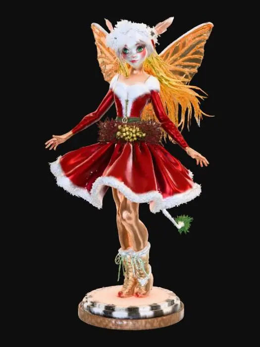 3D model for High detail, Fantasy, Fey Creature, wearing high detail christmas clothes, standing on high detailed base, in action pose