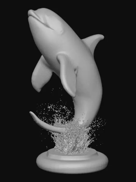 3D model for High detail, Orca coming out of the water, tabletop decoration, with detailed splashing water, connected to a wooden base.