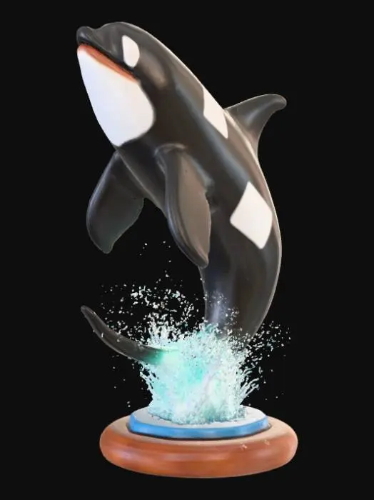 3D model for High detail, Orca coming out of the water, tabletop decoration, with detailed splashing water, connected to a wooden base.