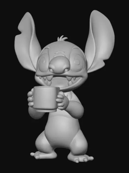 3D model for High detail, Stitch Happily Drinking A Ceramic Mug of Coffee.