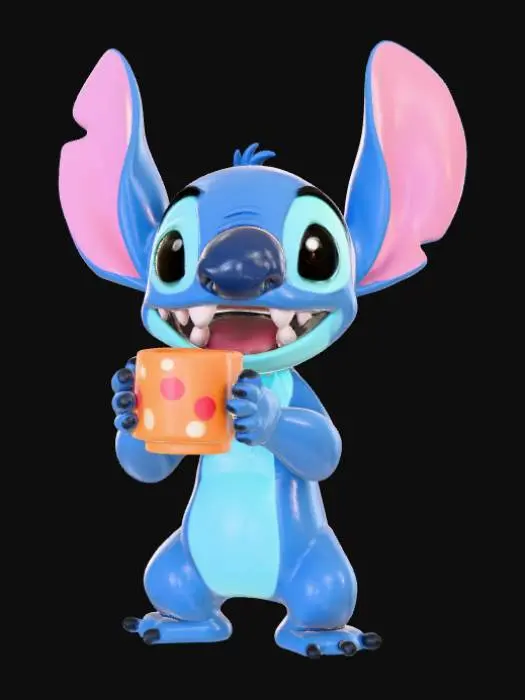 3D model for High detail, Stitch Happily Drinking A Ceramic Mug of Coffee.
