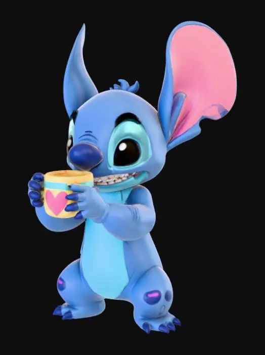 3D model for High detail, Stitch Happily Drinking A Ceramic Mug of Coffee.