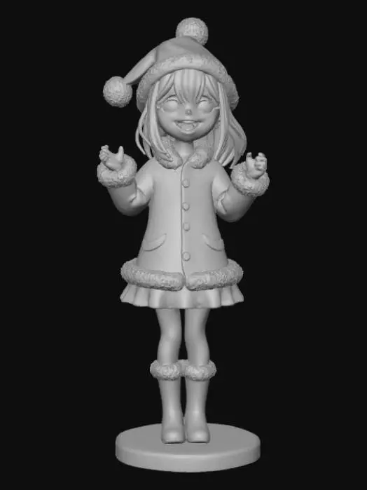 3D model for High detail, anime character, wearing christmas outfit, posed joyfully, standing on wooden stand.