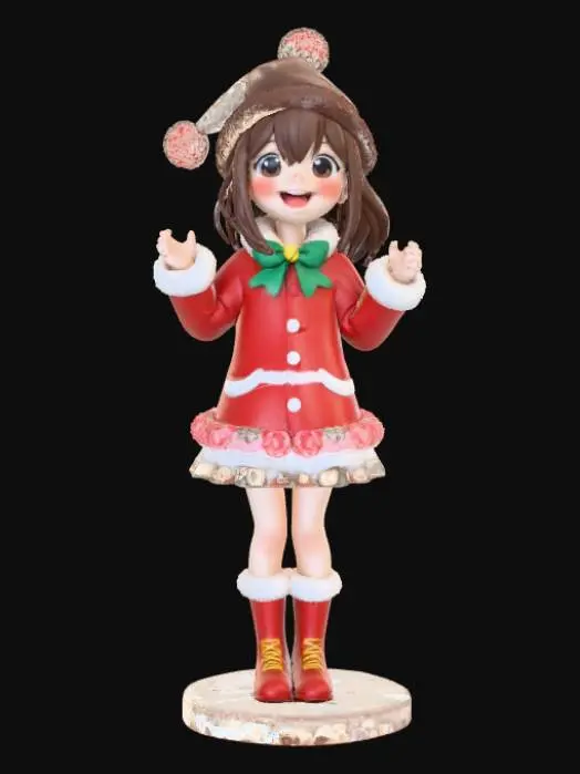 3D model for High detail, anime character, wearing christmas outfit, posed joyfully, standing on wooden stand.