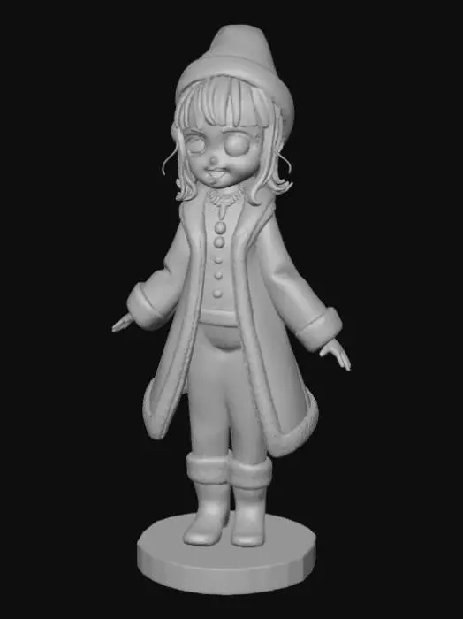 3D model for High detail, anime character, wearing christmas outfit, posed joyfully, standing on wooden stand.