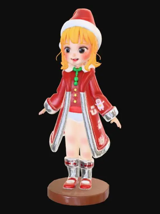 3D model for High detail, anime character, wearing christmas outfit, posed joyfully, standing on wooden stand.
