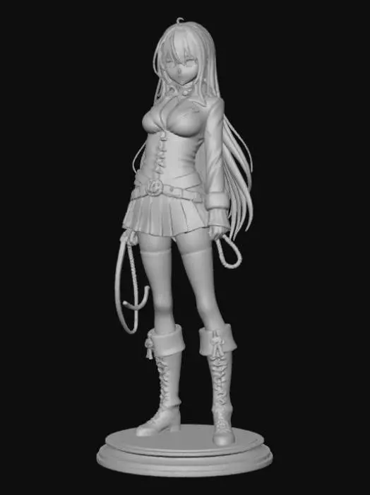 3D model for High detail, anime cowgirl, wearing leather outfit, posed in an action pose, standing on a detailed wooden base.