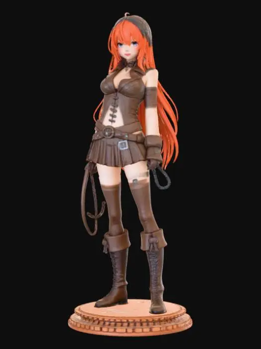 3D model for High detail, anime cowgirl, wearing leather outfit, posed in an action pose, standing on a detailed wooden base.